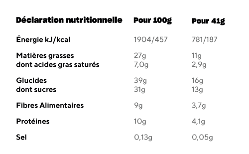 Tabela Nutricional - Barre Vegan Enrobée de Chocolat